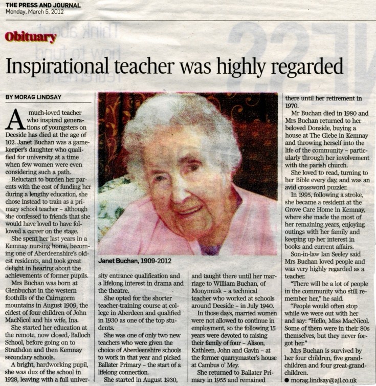 136 Obituary for Janet Buchan nee McNicol.