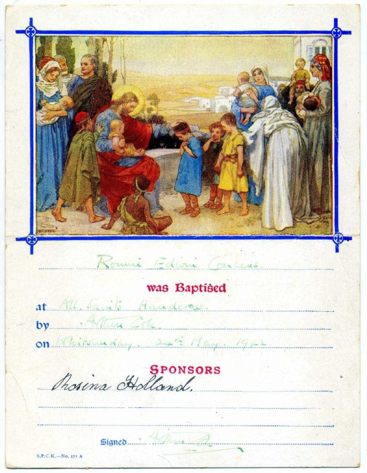 Baptism certificate at All Saints, Handcross