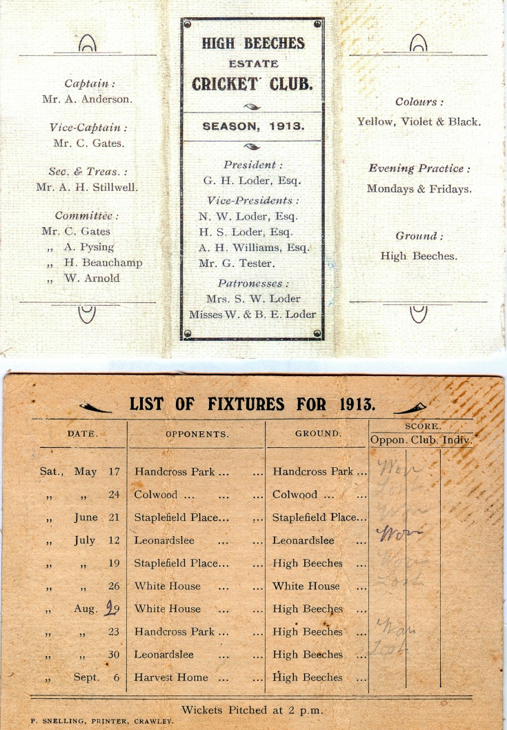 Fixtures card of High Beeches Cricket Club 1913